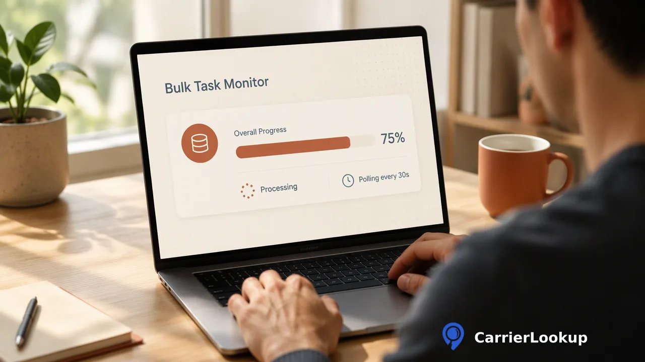 CarrierLookup Workflow-Illustration zu „Bulk-Abfrage des ursprünglichen Netzbetreibers für große Telefonlisten“